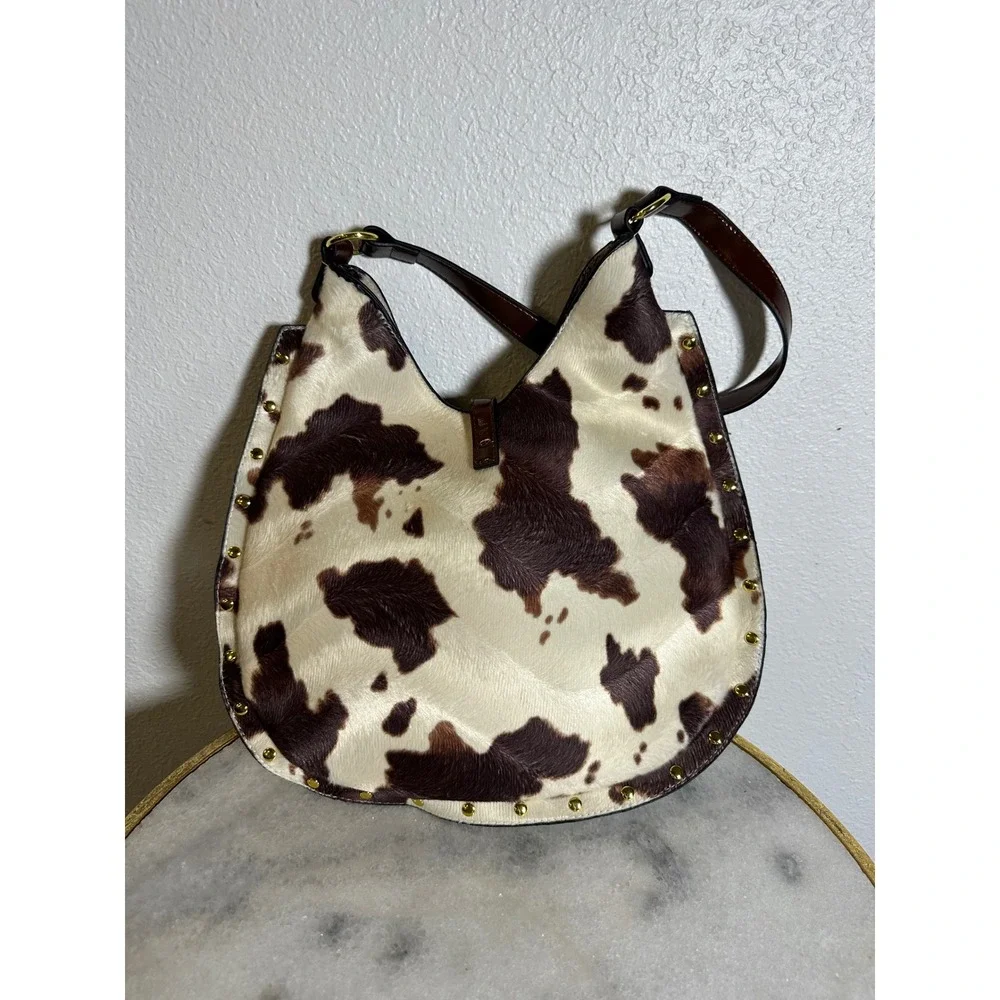 Cow Print Faux Hair Studded Shoulder Bag Brown Cream Western Hobo Handbag - Picture 3 of 3